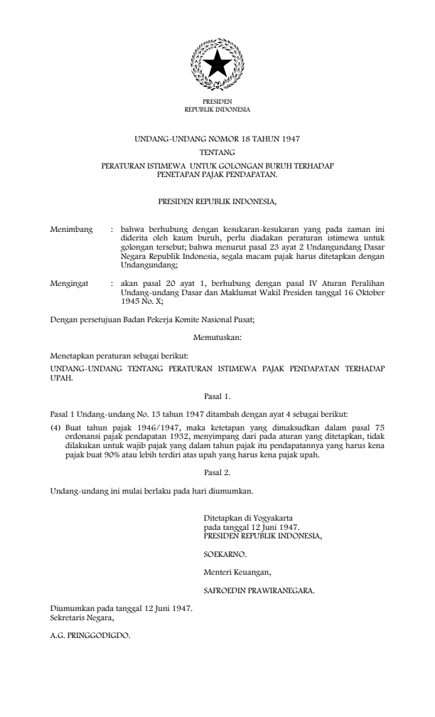 Undang-Undang Nomor 18 Tahun 1947
