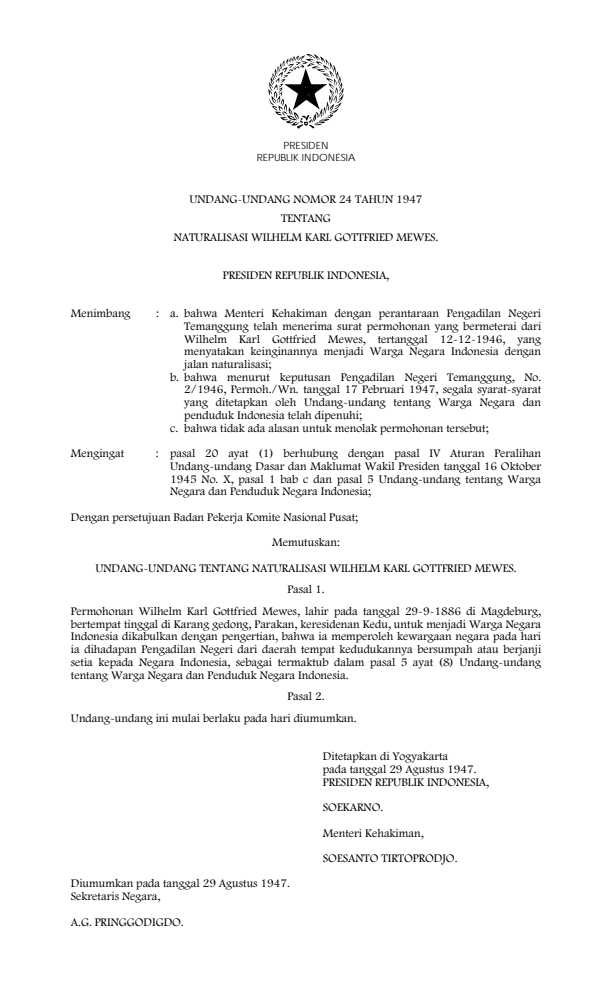 Undang-Undang Nomor 24 Tahun 1947