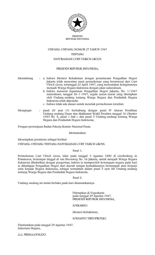 Undang-Undang Nomor 27 Tahun 1947