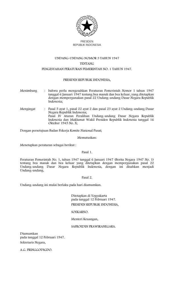 Undang-Undang Nomor 3 Tahun 1947