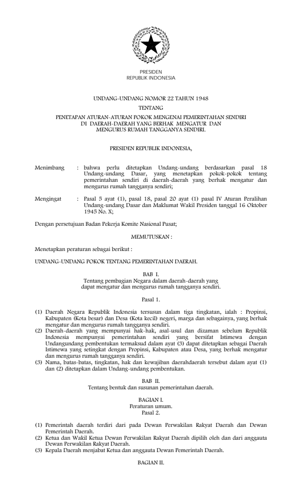 Undang-Undang Nomor 22 Tahun 1948