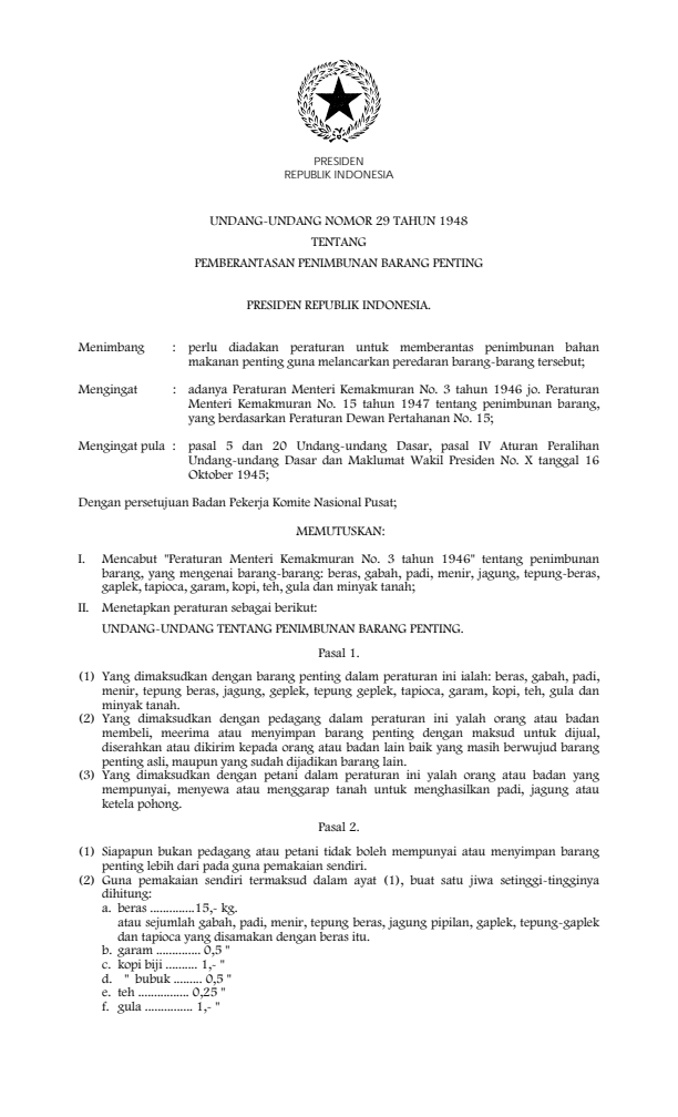 Undang-Undang Nomor 29 Tahun 1948