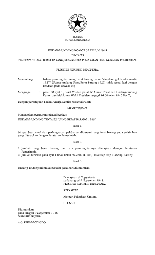 Undang-Undang Nomor 33 Tahun 1948