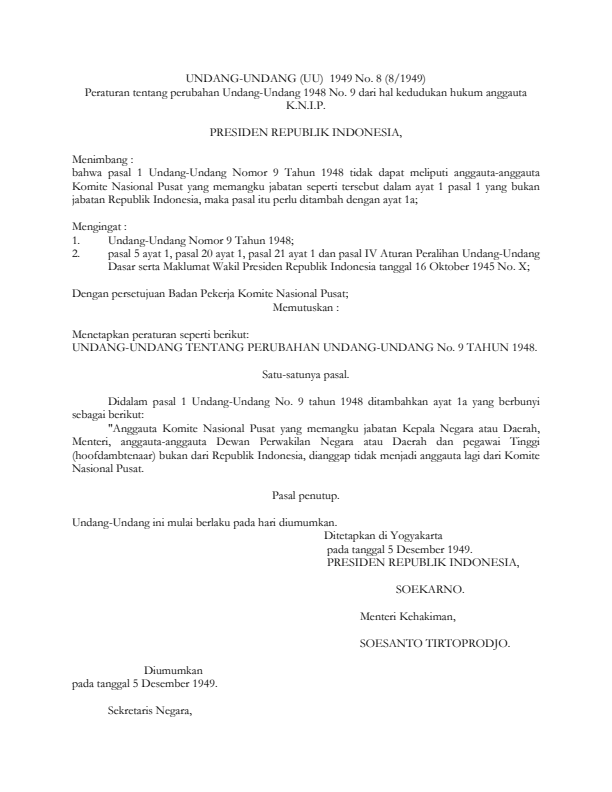 Undang-Undang Nomor 8 Tahun 1949