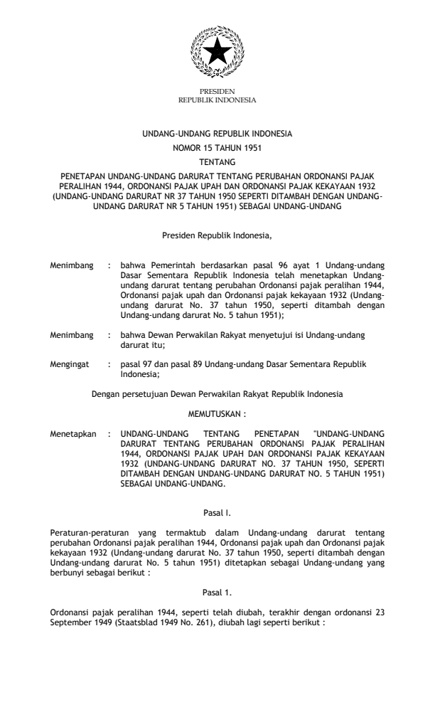 Undang-Undang Nomor 15 Tahun 1951