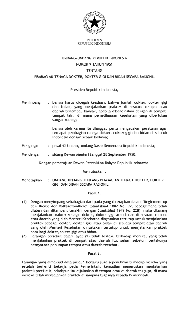 Undang-Undang Nomor 9 Tahun 1951