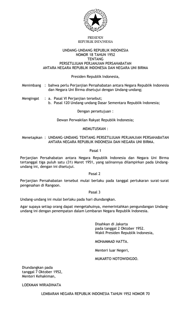 Undang-Undang Nomor 18 Tahun 1952