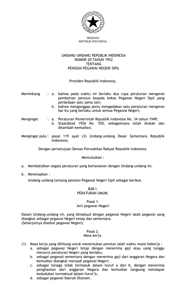 Undang-Undang Nomor 20 Tahun 1952