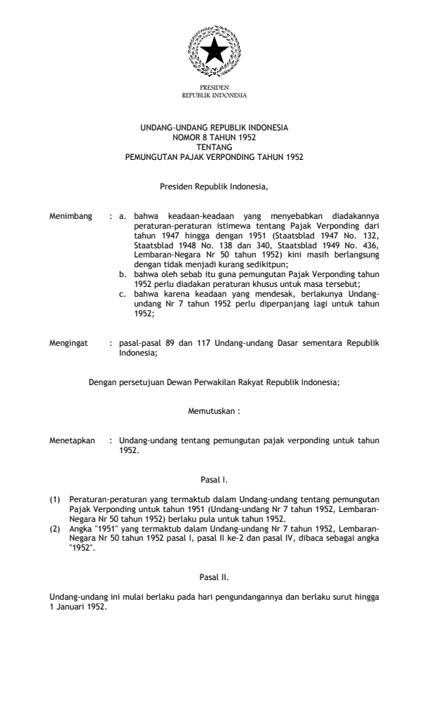 Undang-Undang Nomor 8 Tahun 1952