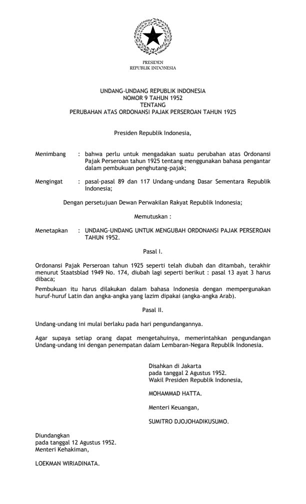 Undang-Undang Nomor 9 Tahun 1952