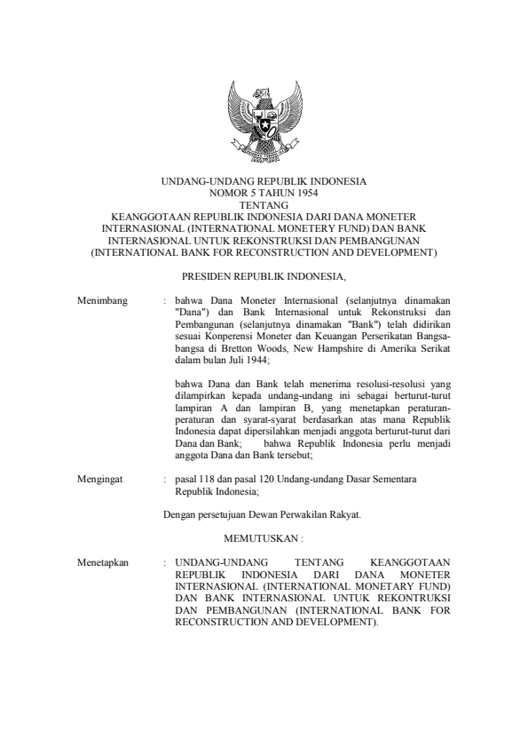 Undang-Undang Nomor 5 Tahun 1954