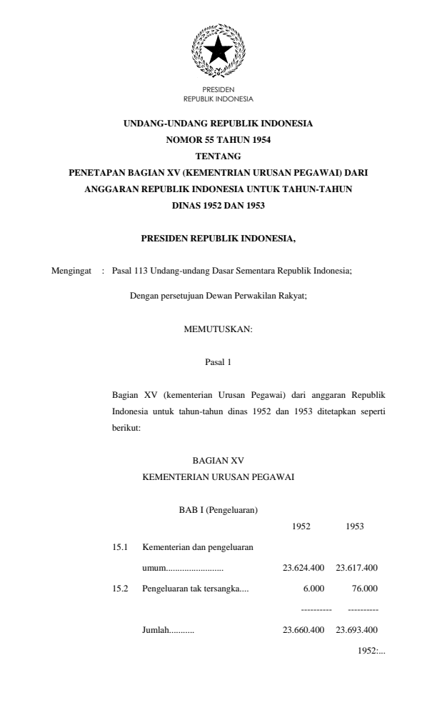 Undang-Undang Nomor 55 Tahun 1954