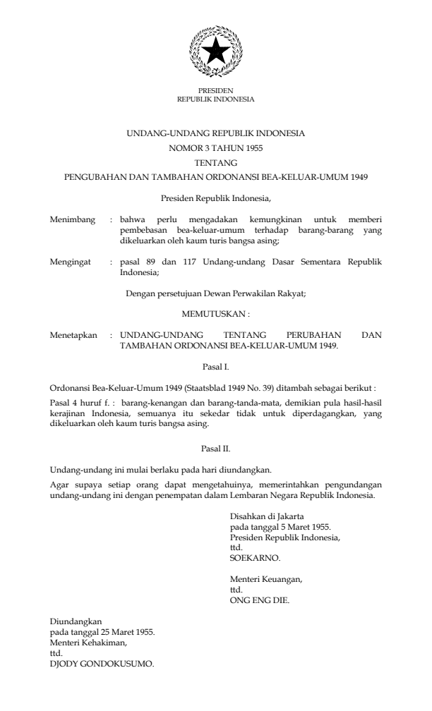 Undang-Undang Nomor 3 Tahun 1955