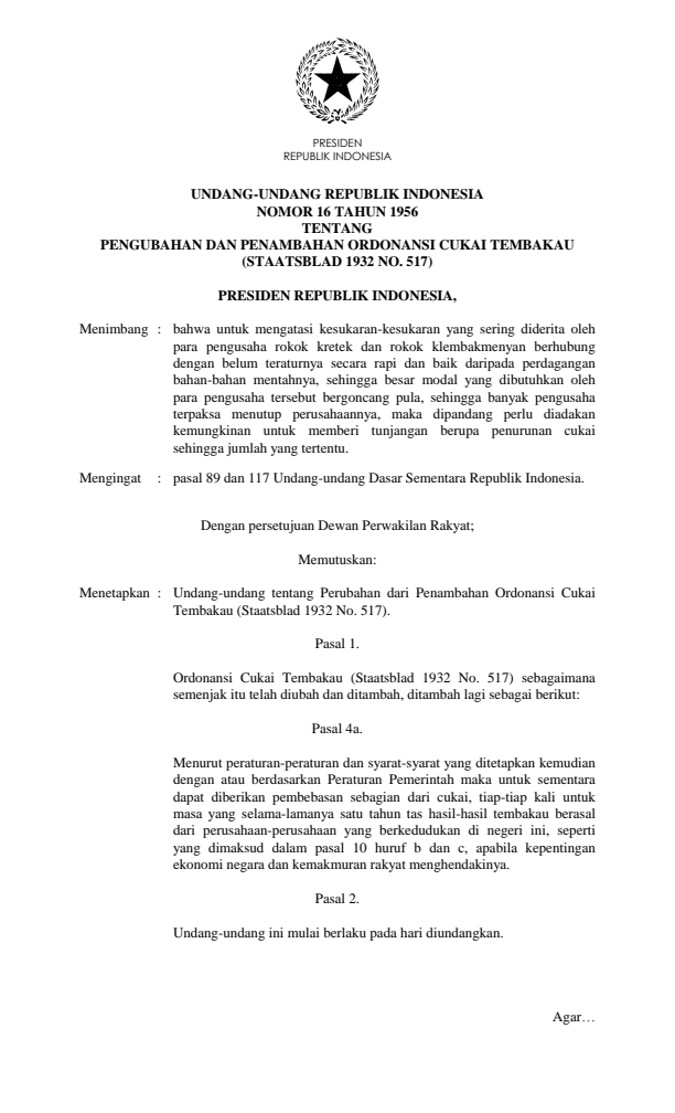 Undang-Undang Nomor 16 Tahun 1956