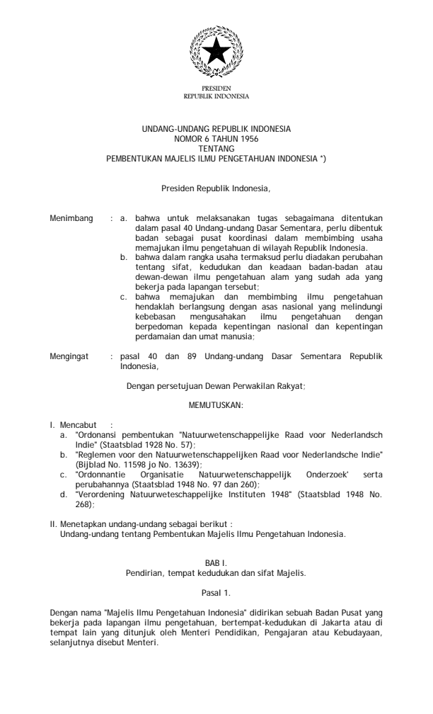 Undang-Undang Nomor 6 Tahun 1956