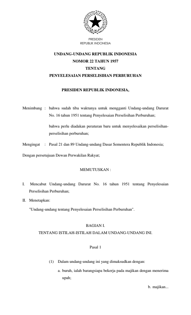 Undang-Undang Nomor 22 Tahun 1957