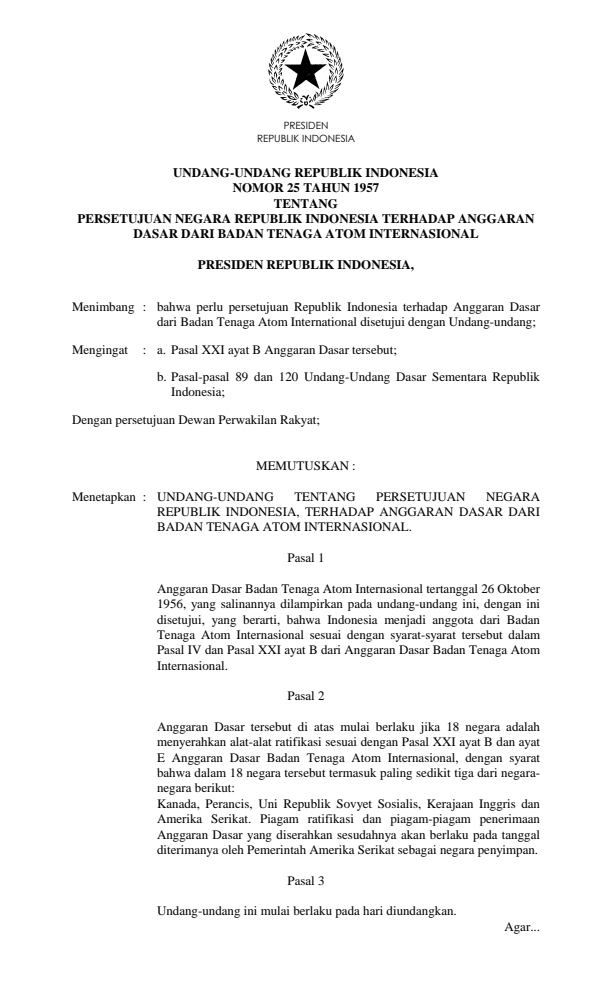 Undang-Undang Nomor 25 Tahun 1957