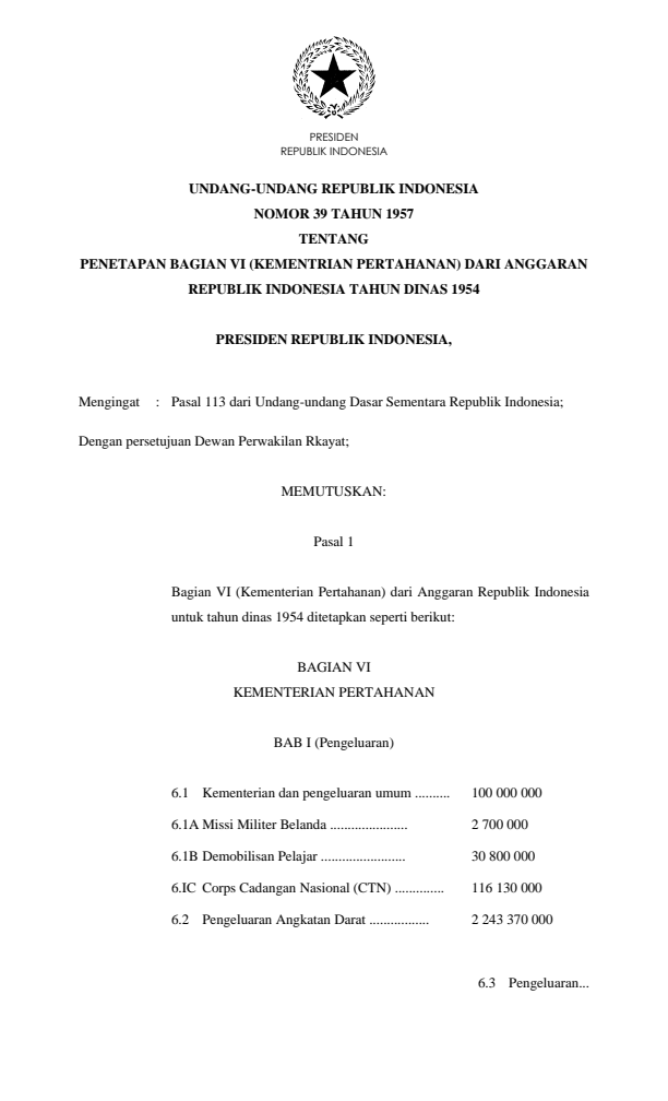 Undang-Undang Nomor 39 Tahun 1957