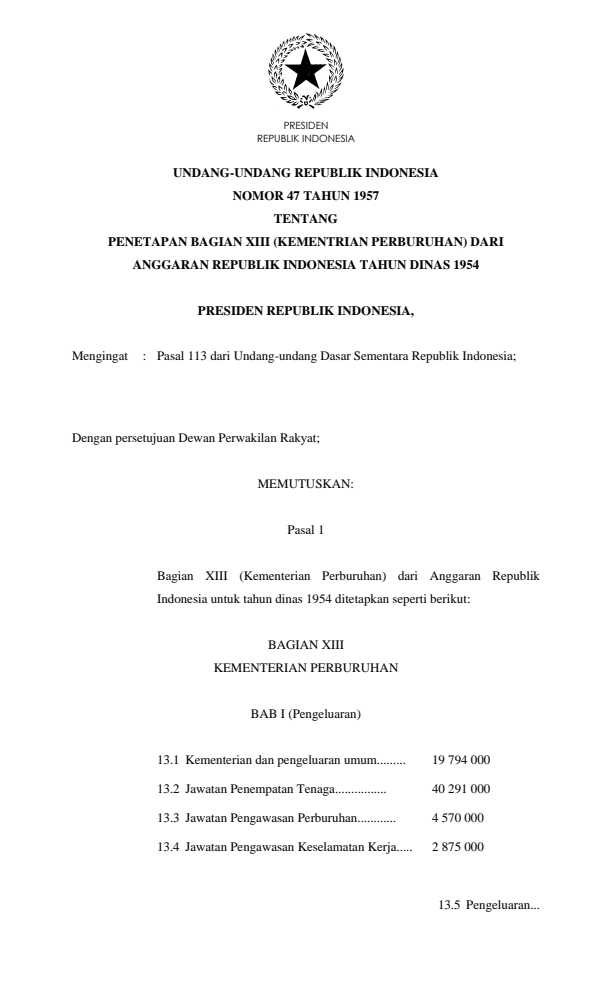 Undang-Undang Nomor 47 Tahun 1957