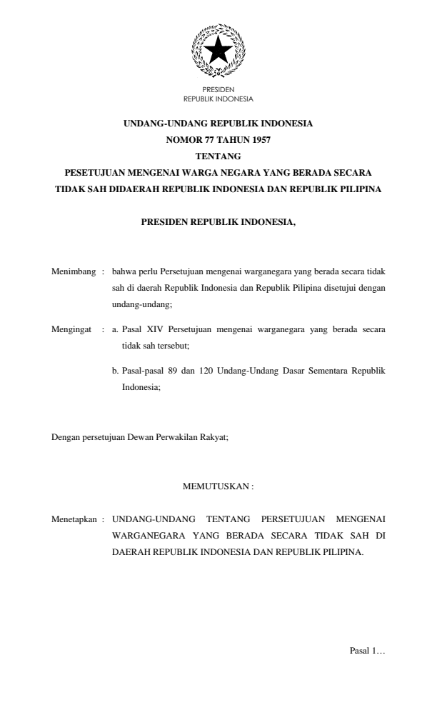 Undang-Undang Nomor 77 Tahun 1957