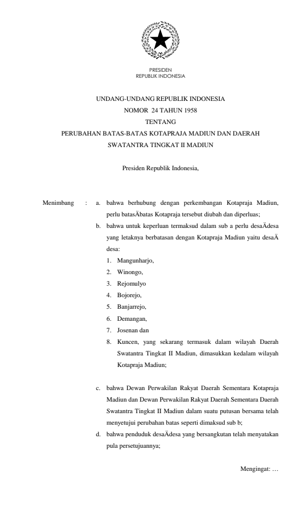 Undang-Undang Nomor 24 Tahun 1958