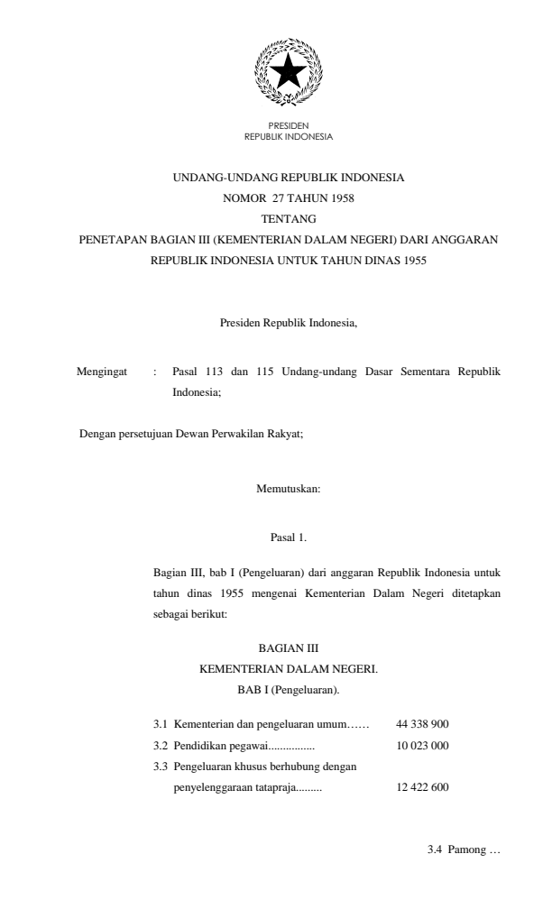 Undang-Undang Nomor 27 Tahun 1958