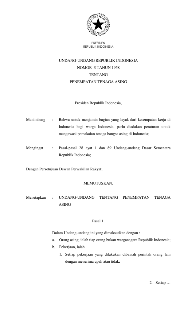 Undang-Undang Nomor 3 Tahun 1958