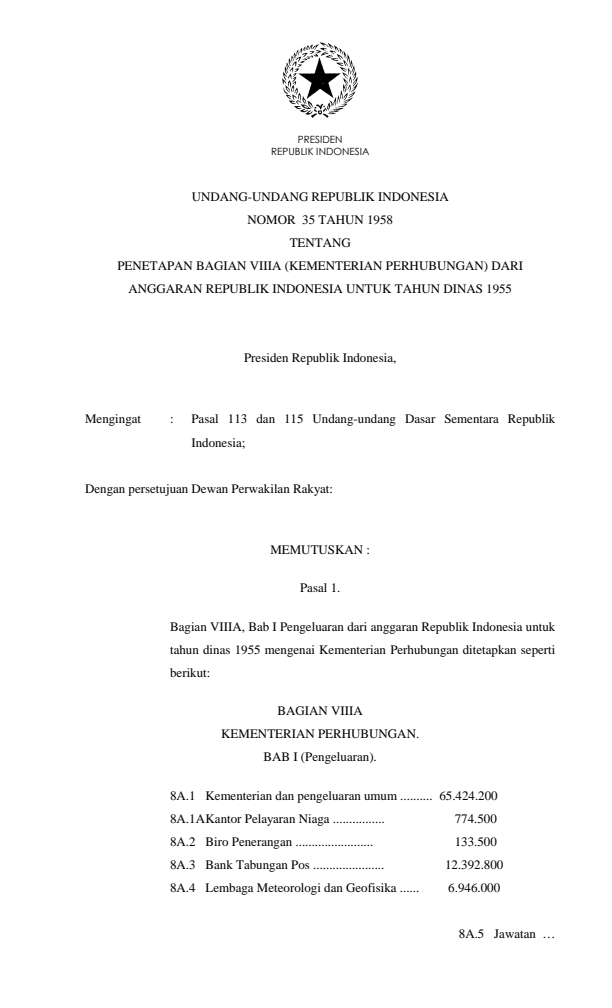 Undang-Undang Nomor 35 Tahun 1958