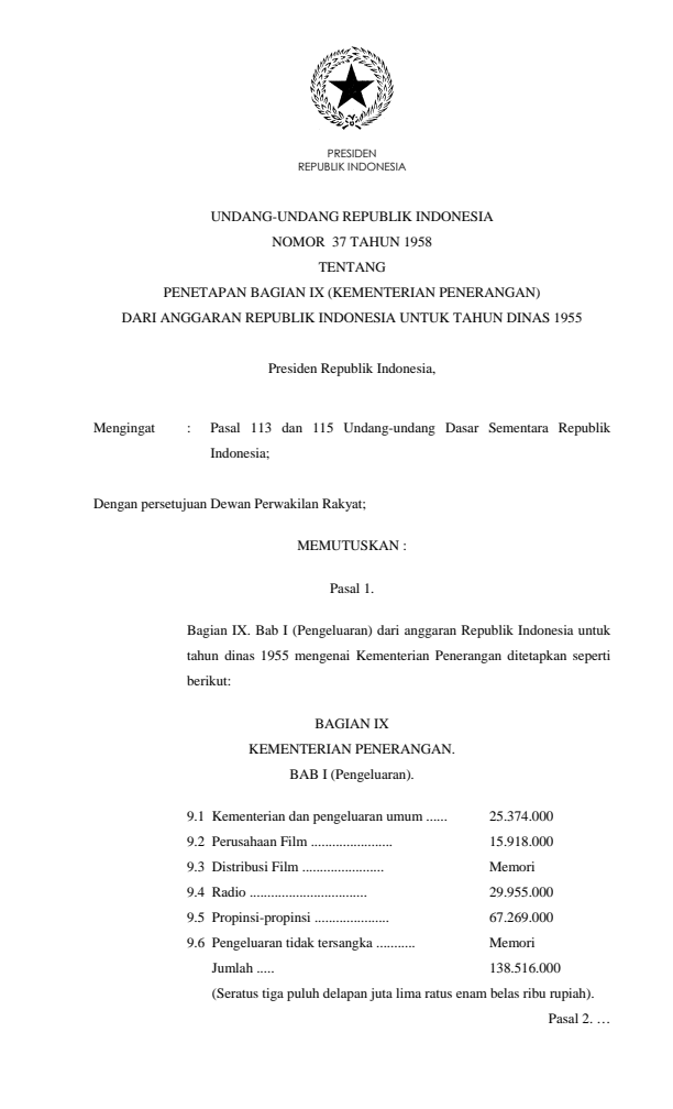 Undang-Undang Nomor 37 Tahun 1958