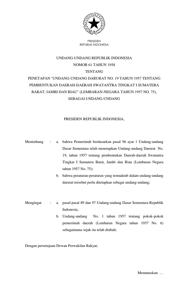 Undang-Undang Nomor 61 Tahun 1958