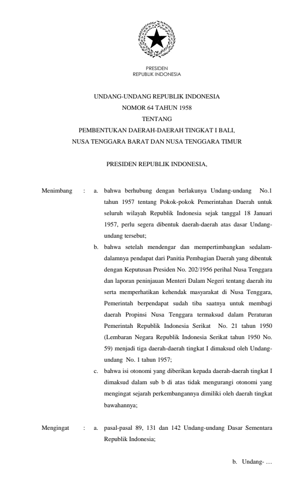 Undang-Undang Nomor 64 Tahun 1958