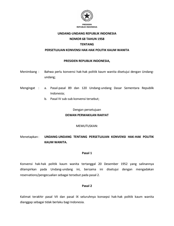 Undang-Undang Nomor 68 Tahun 1958