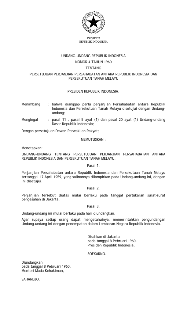 Undang-Undang Nomor 4 Tahun 1960
