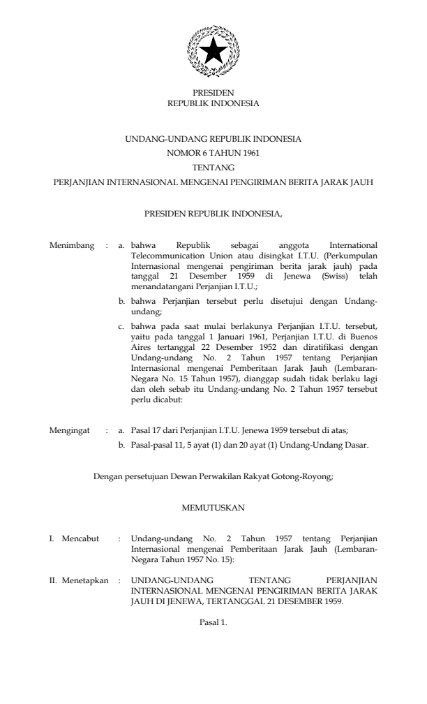 Undang-Undang Nomor 6 Tahun 1961