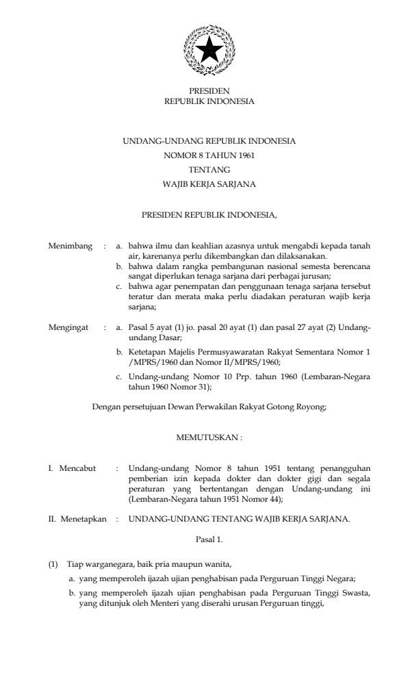 Undang-Undang Nomor 8 Tahun 1961