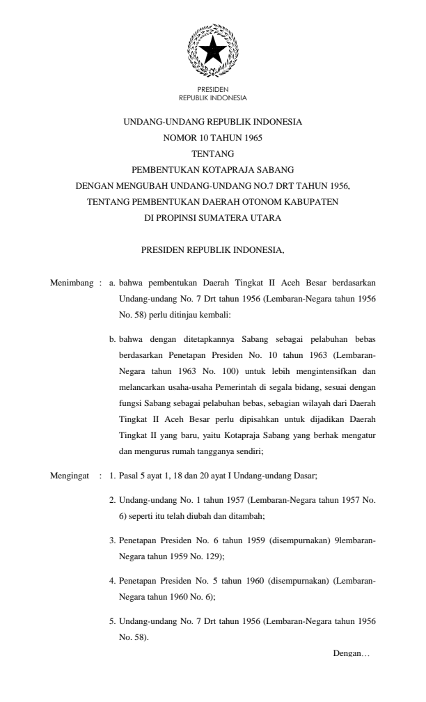Undang-Undang Nomor 10 Tahun 1965