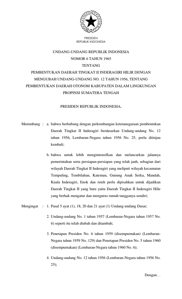 Undang-Undang Nomor 6 Tahun 1965