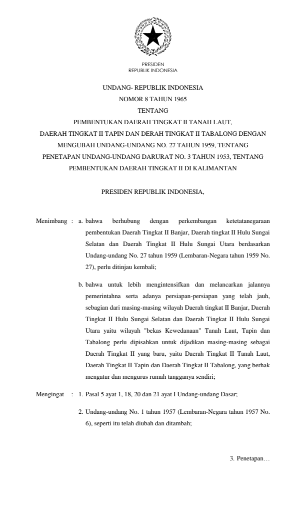 Undang-Undang Nomor 8 Tahun 1965