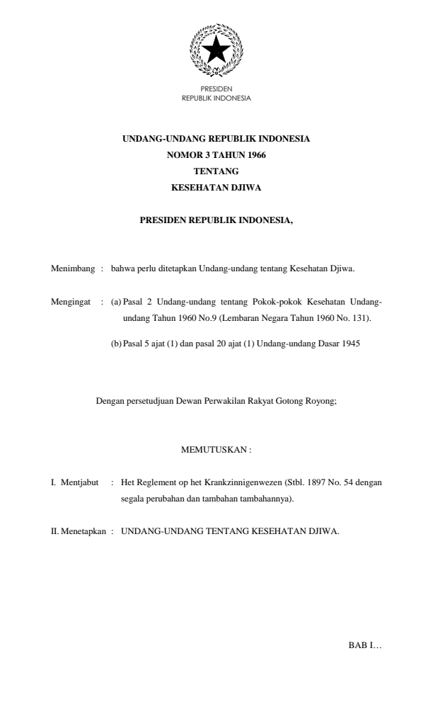 Undang-Undang Nomor 3 Tahun 1966
