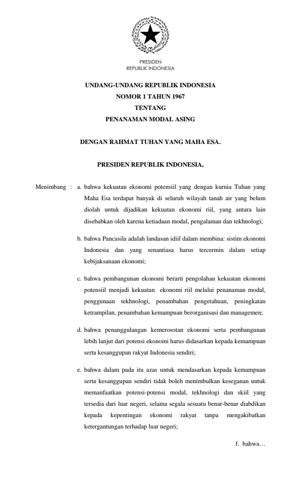 Undang-Undang Nomor 1 Tahun 1967