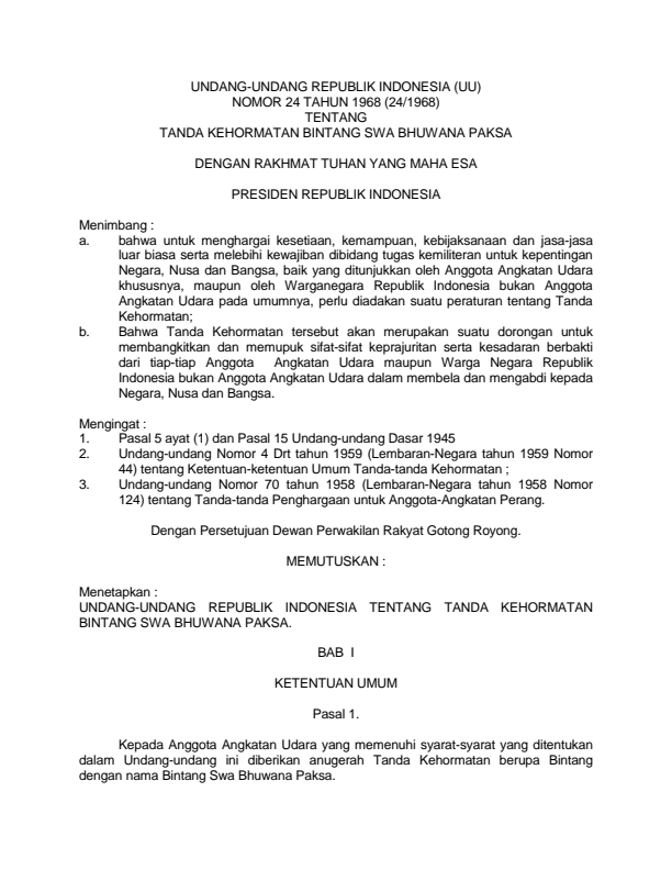 Undang-Undang Nomor 24 Tahun 1968