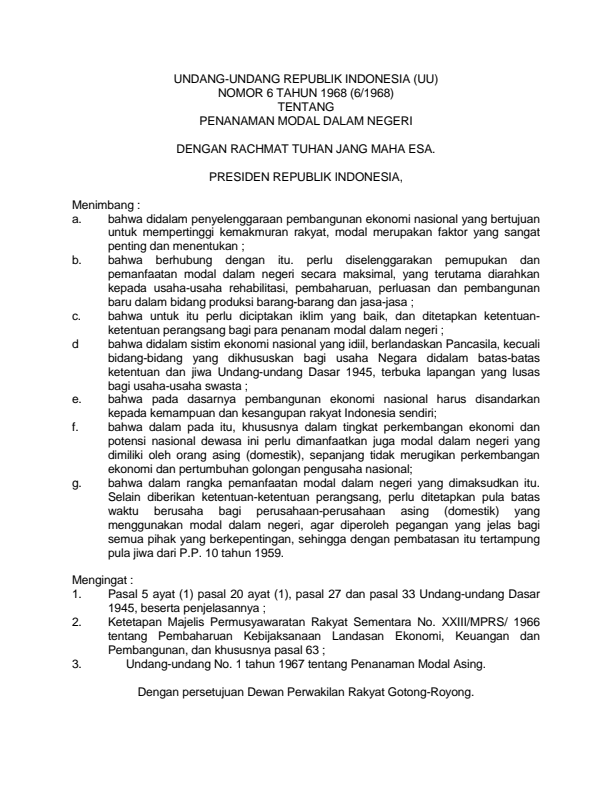 Undang-Undang Nomor 6 Tahun 1968