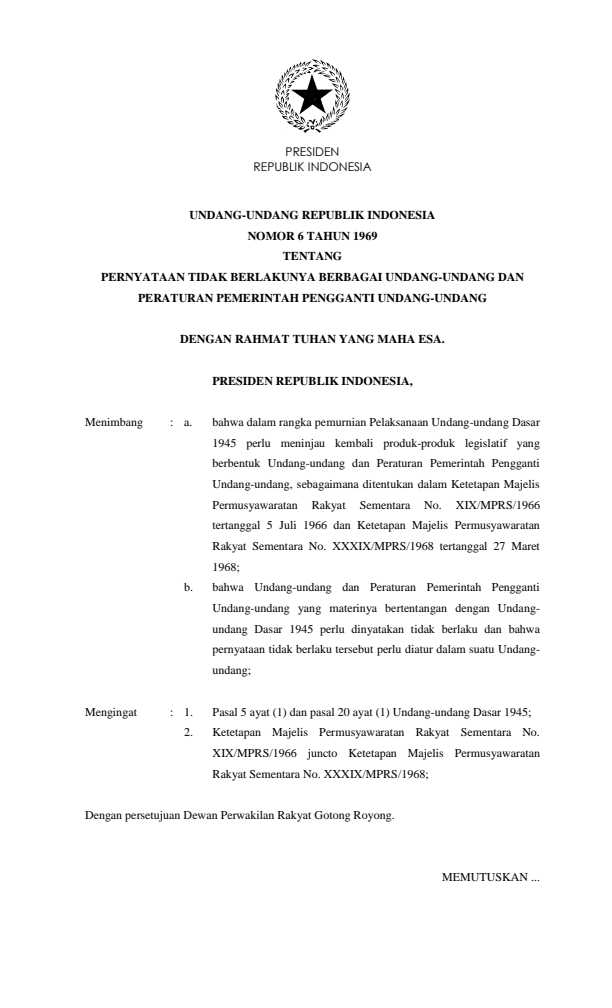 Undang-Undang Nomor 6 Tahun 1969