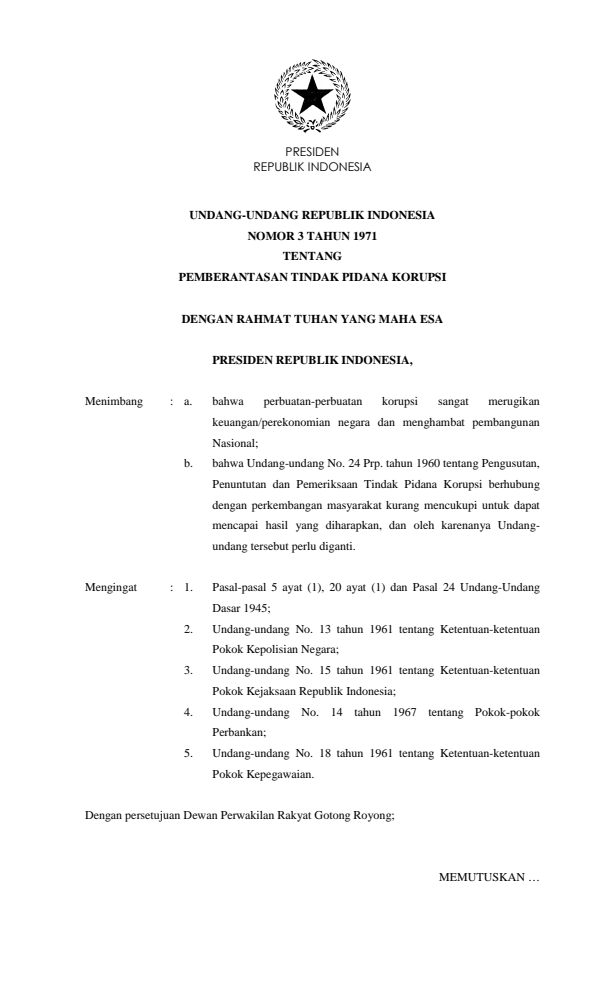 Undang-Undang Nomor 3 Tahun 1971