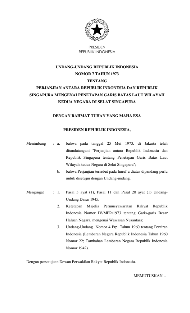Undang-Undang Nomor 7 Tahun 1973
