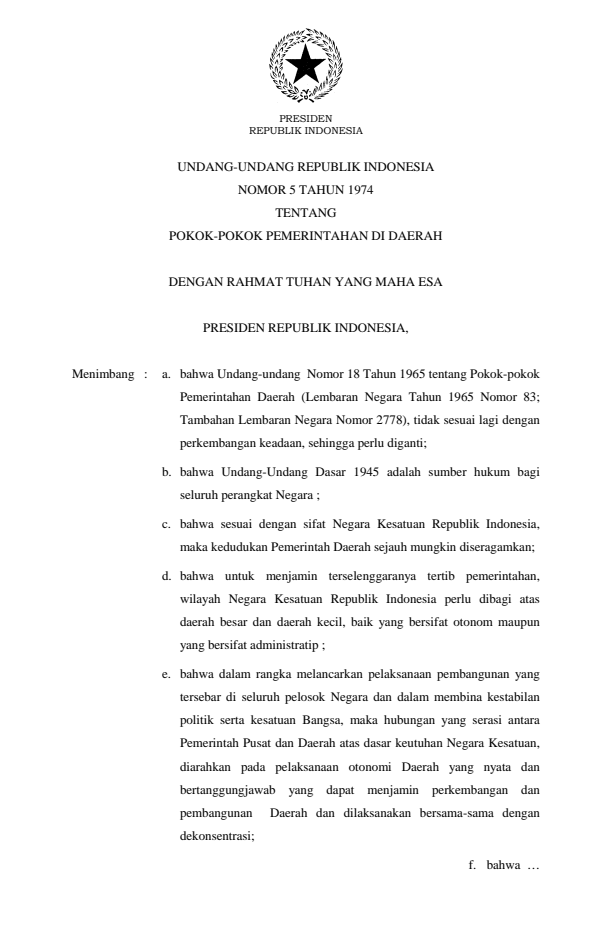 Undang-Undang Nomor 5 Tahun 1974