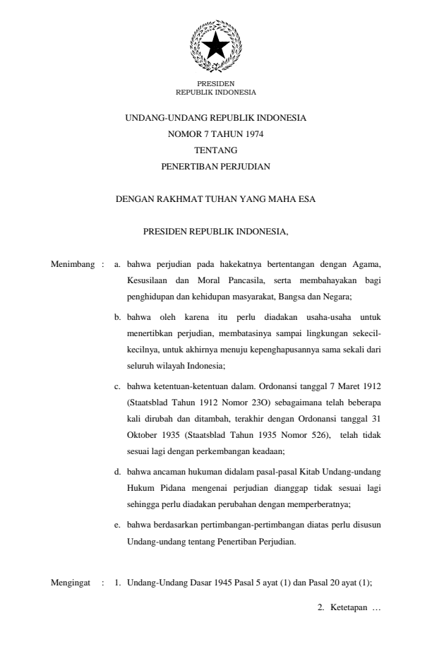 Undang-Undang Nomor 7 Tahun 1974