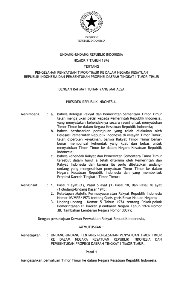Undang-Undang Nomor 7 Tahun 1976
