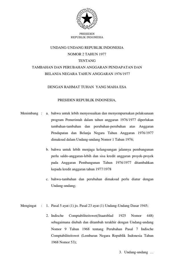 Undang-Undang Nomor 2 Tahun 1977