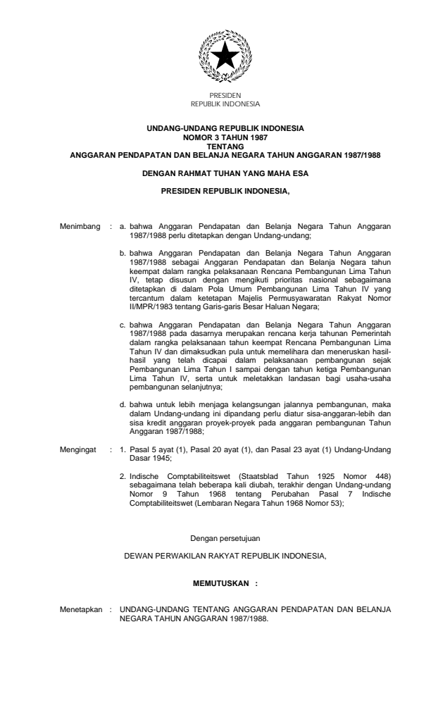 Undang-Undang Nomor 3 Tahun 1987